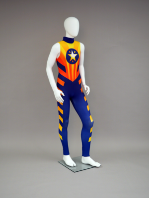 Blue and orange trampoline unitard